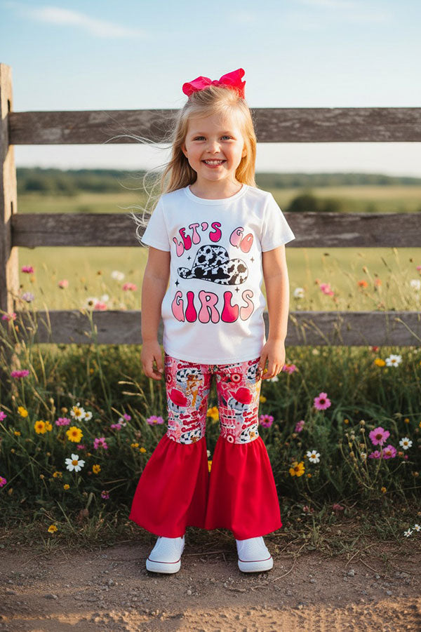 1137WY "LET'S GO GIRLS" white top hot pink bell bottom girls set