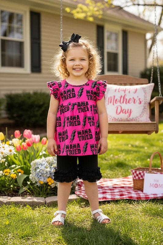 Girls clothing wholesaler suppliers "MAMA TRIED" hot pink & black 2pc ruffle set 1145WY