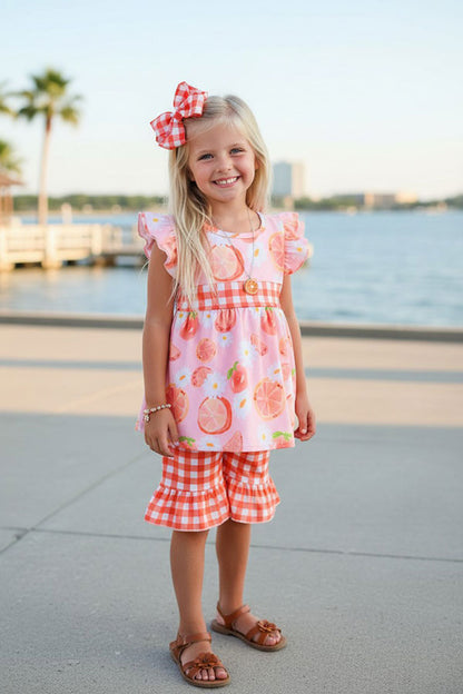 Chic Oranges, peaches, daisies top & checkered shorts girls boutique set 1148WY