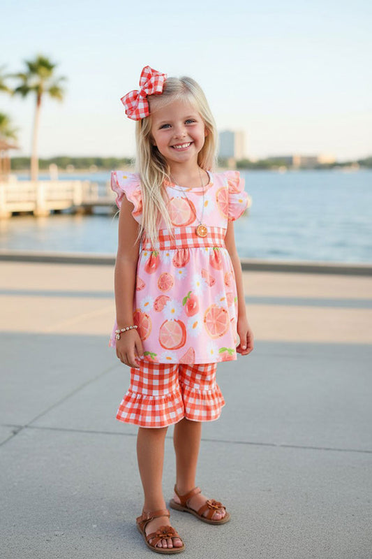 Chic Oranges, peaches, daisies top & checkered shorts girls boutique set 1148WY