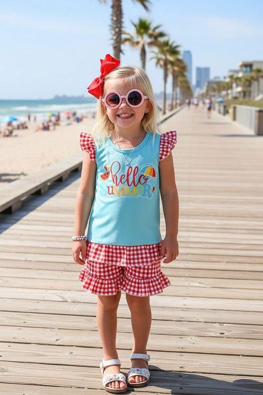 Trendy "HELLO SUMMER" aqua & red checkered girls boutique set 1161WY