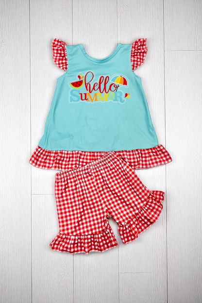 Trendy "HELLO SUMMER" aqua & red checkered girls boutique set 1161WY