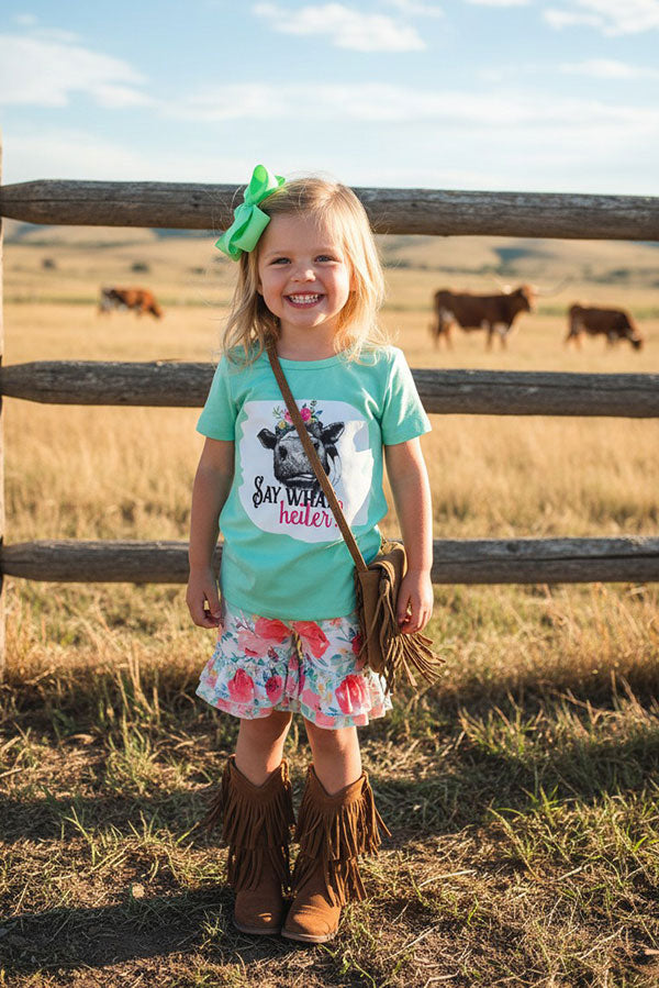 Western "SAY WHAT HEIFER" cow & floral girls boutique set 1163WY