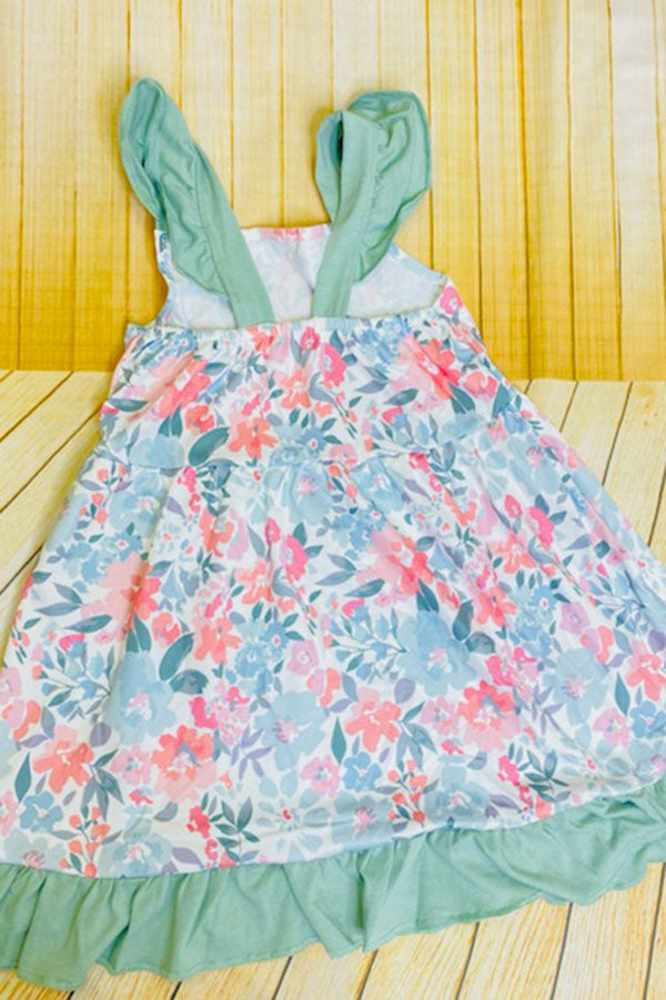 Trendy pink & mint floral ruffle cap sleeve girls boutique dress 1164WY