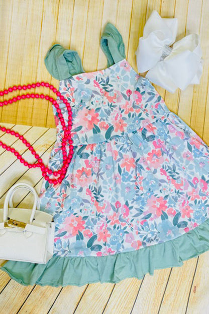 Trendy pink & mint floral ruffle cap sleeve girls boutique dress 1164WY