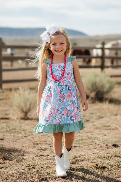 Trendy pink & mint floral ruffle cap sleeve girls boutique dress 1164WY