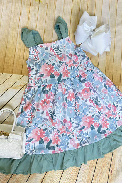 Trendy pink & mint floral ruffle cap sleeve girls boutique dress 1164WY