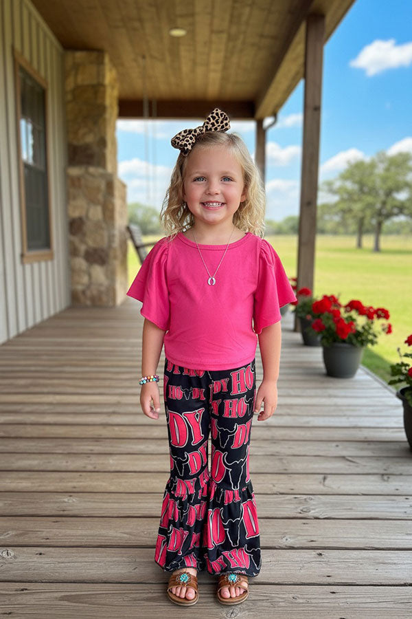 Western HOWDY hot pink short sleeve top & black bell bottom girls boutique set 1173WY
