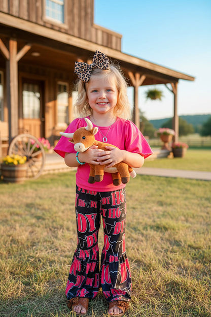 Western HOWDY hot pink short sleeve top & black bell bottom girls boutique set 1173WY