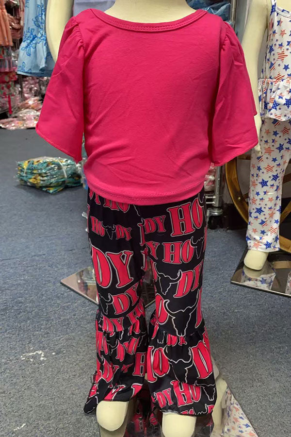 Western HOWDY hot pink short sleeve top & black bell bottom girls boutique set 1173WY