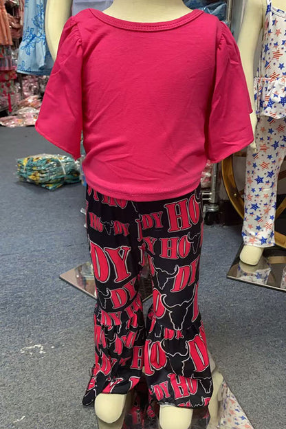 Western HOWDY hot pink short sleeve top & black bell bottom girls boutique set 1173WY