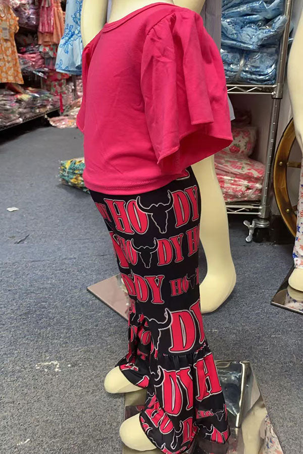 Western HOWDY hot pink short sleeve top & black bell bottom girls boutique set 1173WY