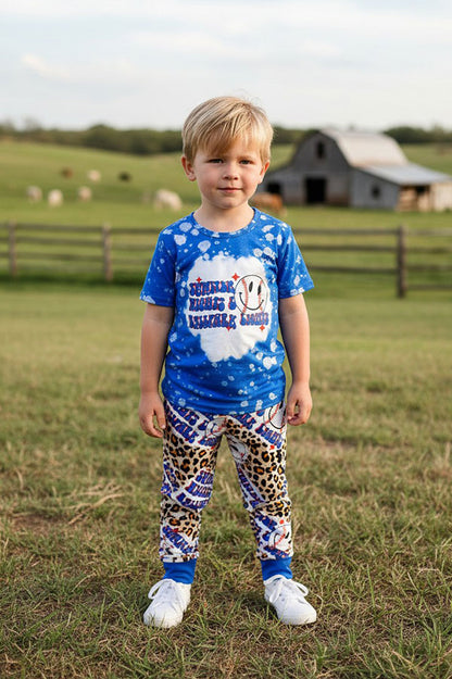 Western blue baseball & leopard printed kids boutique set 11898MZ