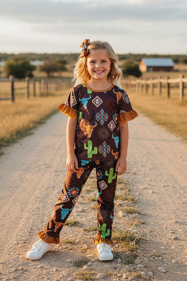 Western brown bull & cactus & aztec girls boutique sets 11907MZ
