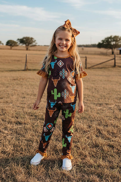 Western brown bull & cactus & aztec girls boutique sets 11907MZ