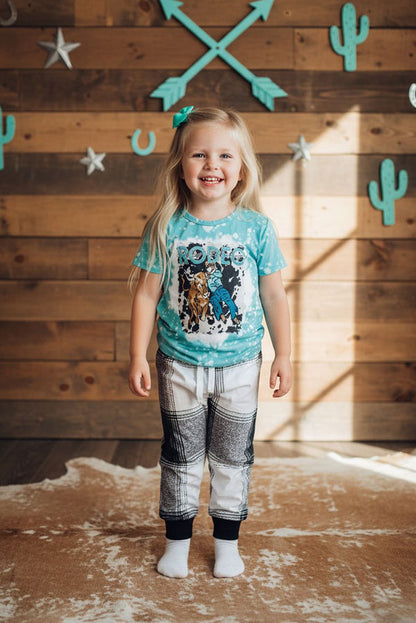 Western "RODEO" aqua top & white/black plaid pant set girls boutique set 11999MZ