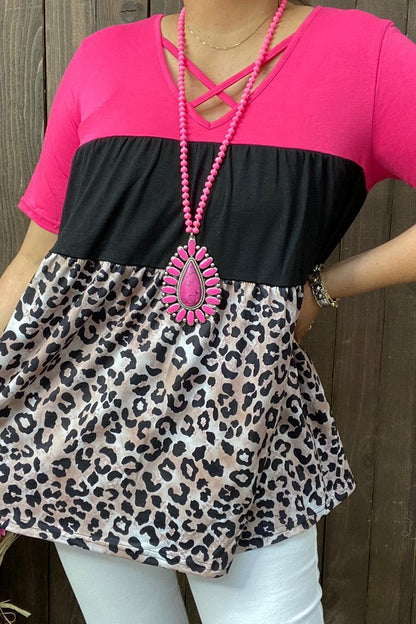 BQ14306 Hot pink & Black & Leopard prints color block women top