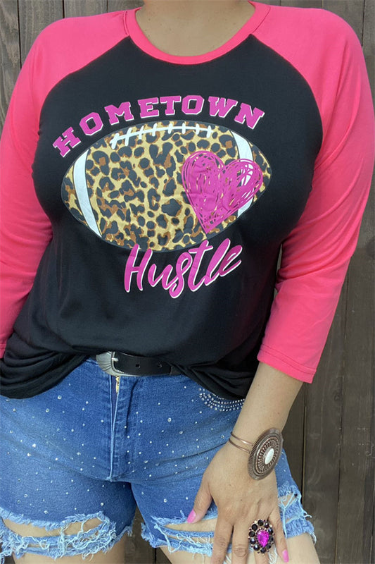 DLH8998 "HOMETOWN HUSTLE" football graphic printed black background fabric coral raglan 3/4 sleeve women tops