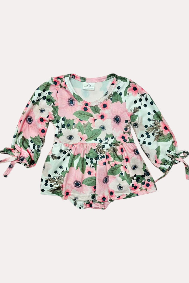 12004MZ Pink long sleeve floral print infant onesie baby girls ropmers