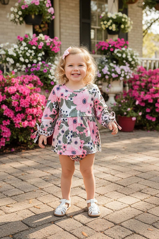 12004MZ Pink long sleeve floral print infant onesie baby girls ropmers