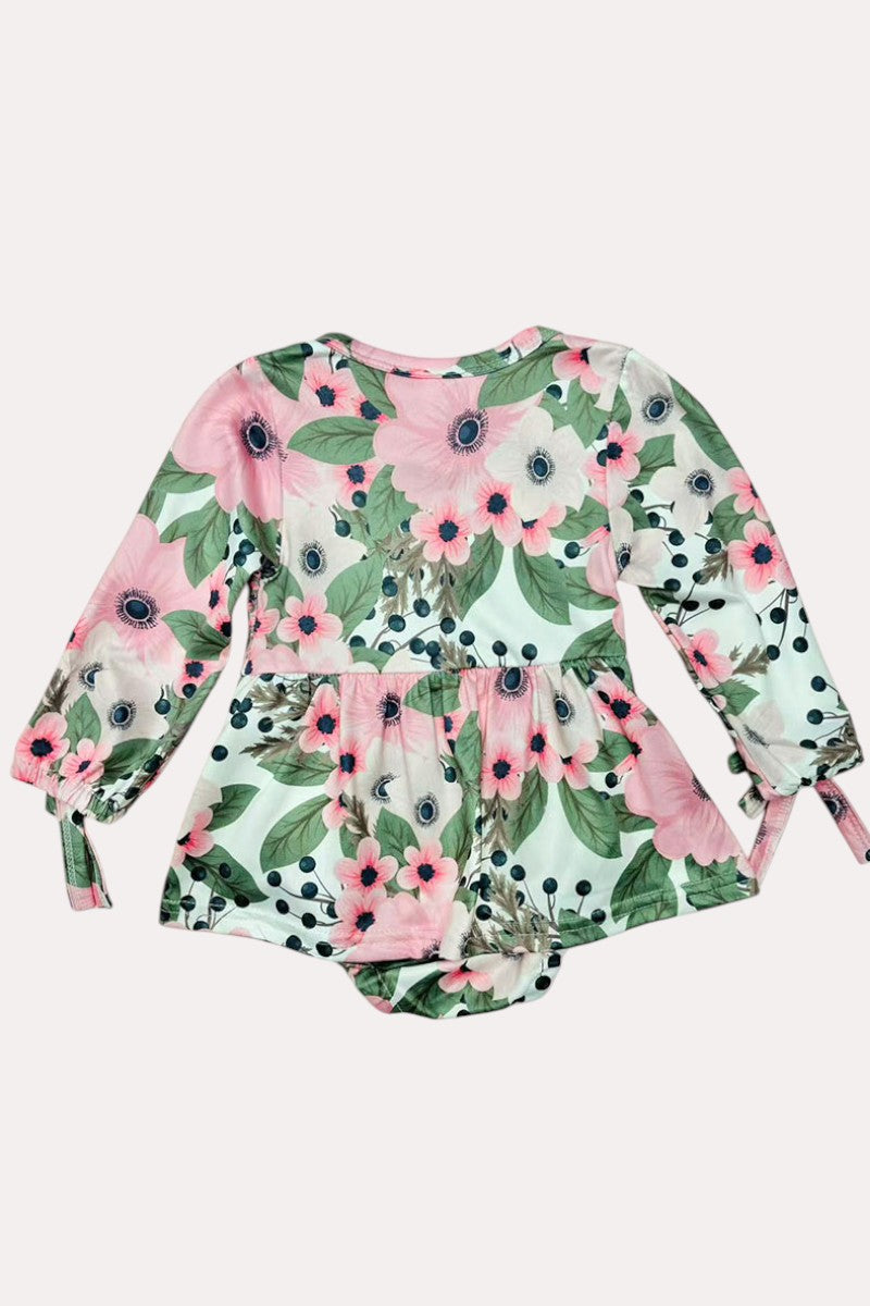 12004MZ Pink long sleeve floral print infant onesie baby girls ropmers