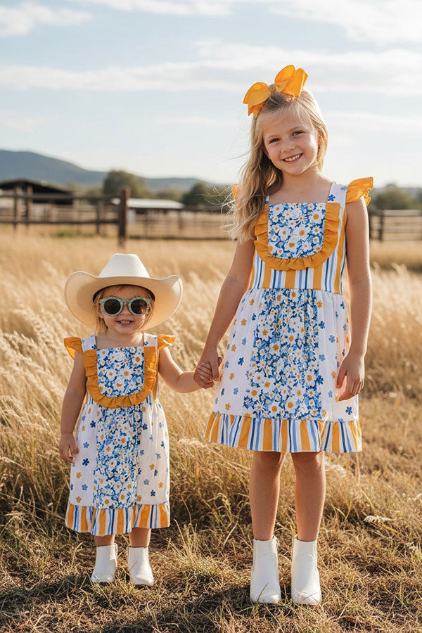 Western Yellow & blue floral printed girl's boutique dress 12067MZ