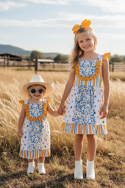 Western Yellow & blue floral printed girl's boutique dress 12067MZ