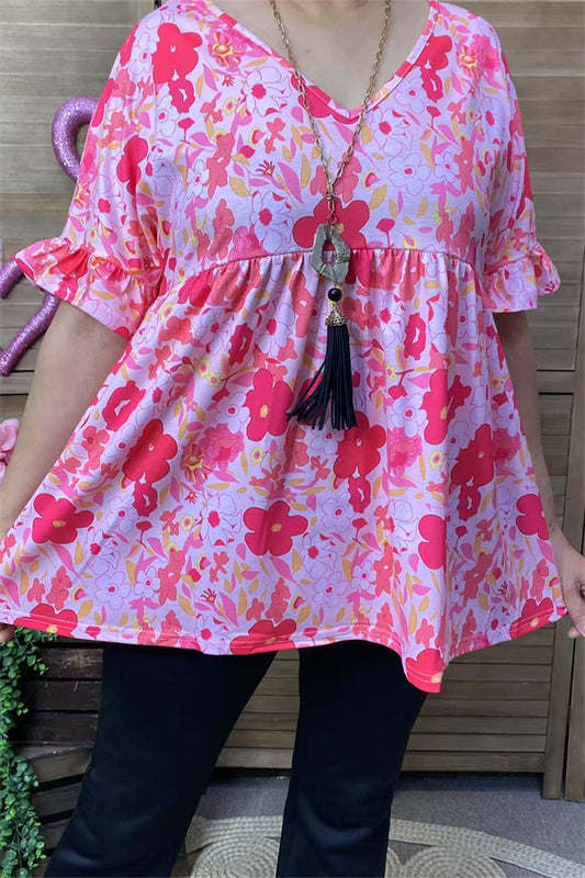 BQ14922 Fuchsia floral printed short sleeve w/ruffle baby doll women tops