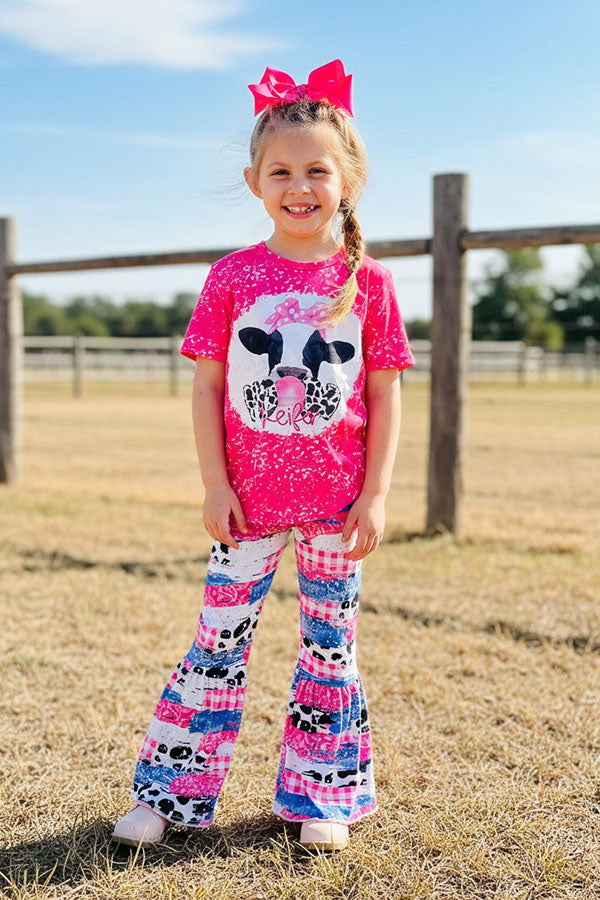 Western cute cow print pink top bell bottom girls boutique set 12155MZ