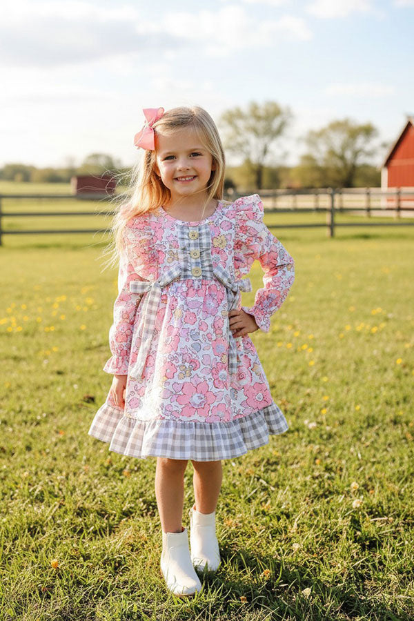 Chic floral printed & grey checkered ruffle long sleeve girls boutique dress 12188MZ
