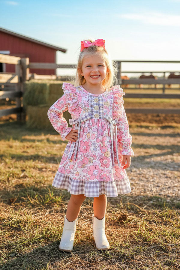 Chic floral printed & grey checkered ruffle long sleeve girls boutique dress 12188MZ