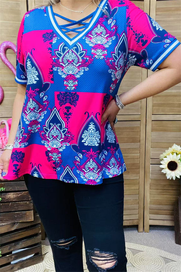 XCH15899 Blue&Fuchsia graphic multi color printed short sleeve V-neckline w/cross string women tops