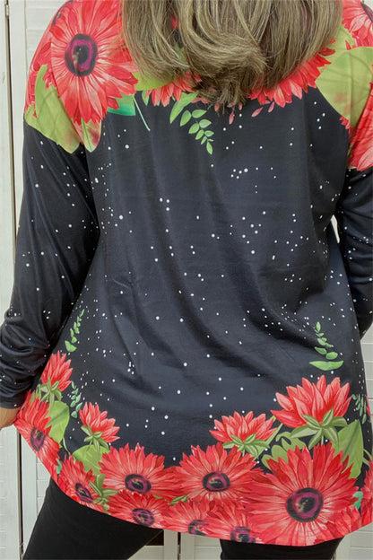 XCH13659 BLACK & RED SUNFLOWER PRINT LONG SLEEVE TOP