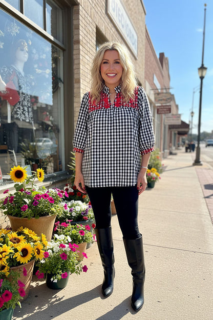 Black pliad red embroidery baby doll women top XCH16566