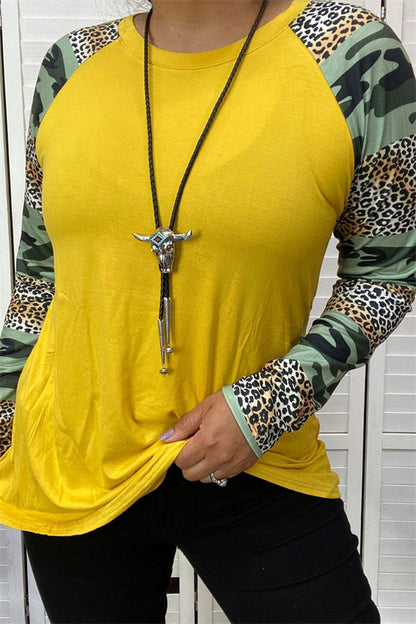 Western leopard & camo long sleeve & yellow women's boutique blouse BQ8575