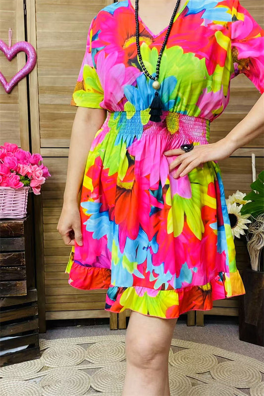 GJQ15888 Red&pink multi color floral printed short sleeve women dress w/elastic waist band &ruffle hem