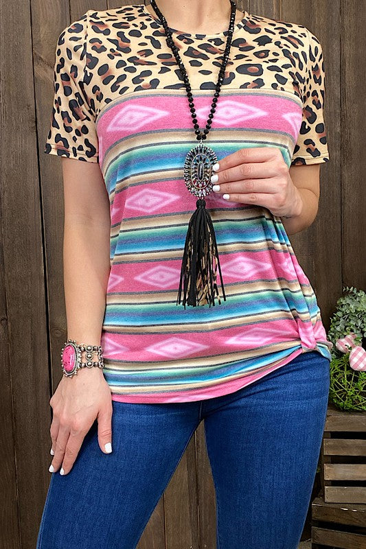 Western Plus size Aztec multi color & leopard printed short sleeve top  YMY9996