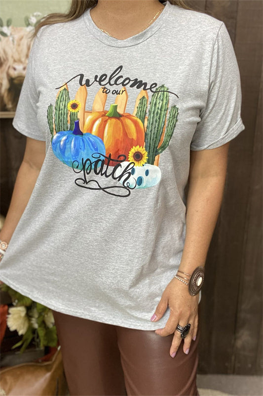 DLH9480 "Welcome to our patch"pumpkin&cactus printed graphic short sleeve women top