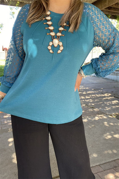 XCH15449 Turquoise solid color long sleeve/lace raglan design women tops