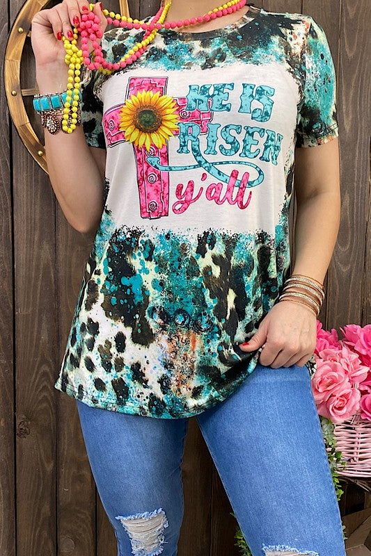 XCH12261 HE IS RISEN Y'ALL Turquoise printed women t-shirt