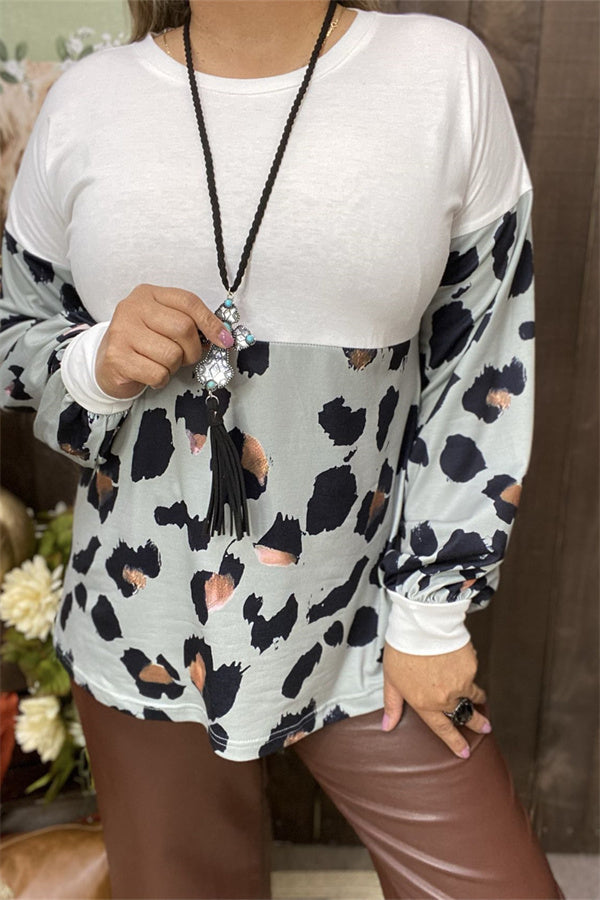 GJQ14288 Leopard multi color printed with white block color long sleeve tighten cuff women blouse