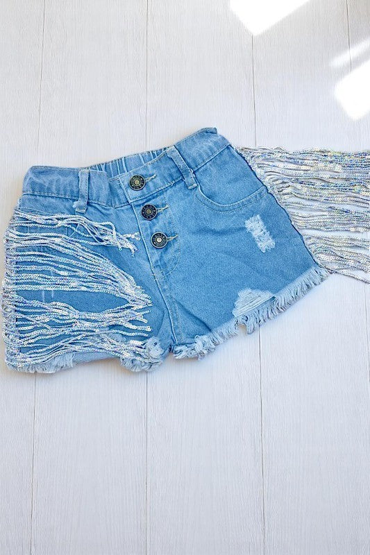 Button up light distressed shorts w/sequin tassels 230114M