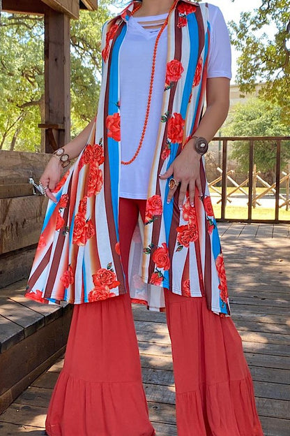 Western trendy striped & roses printed long women's boutique vest YMY10836