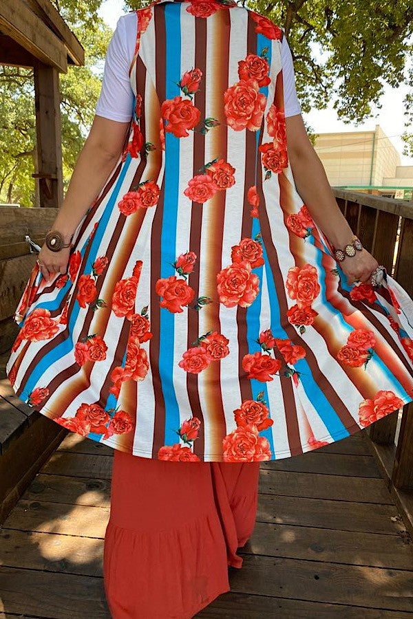 Western trendy striped & roses printed long women's boutique vest YMY10836