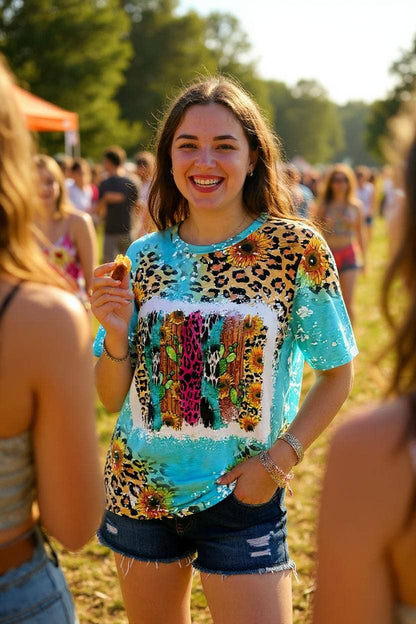 Wholesale turquoise leopard multi color printed short sleeves t-shirt XCH12552