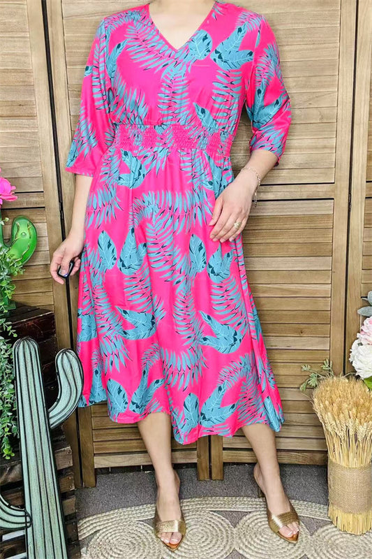 GJQ15990 Mint leaves printed the fuchsia women dress short sleeve w/side pockets &elastic waist band