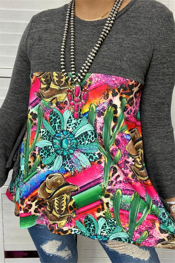 GJQ15150 Cactus graphic multi color printed gray block long&bell sleeve baby doll  top cs10