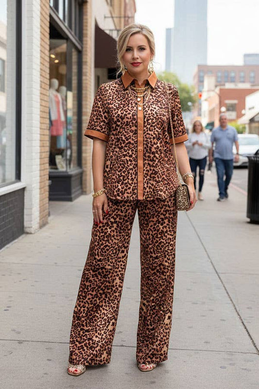 Western leopard short sleeve top & pant women's boutique set Southern Stitch GJQ17011