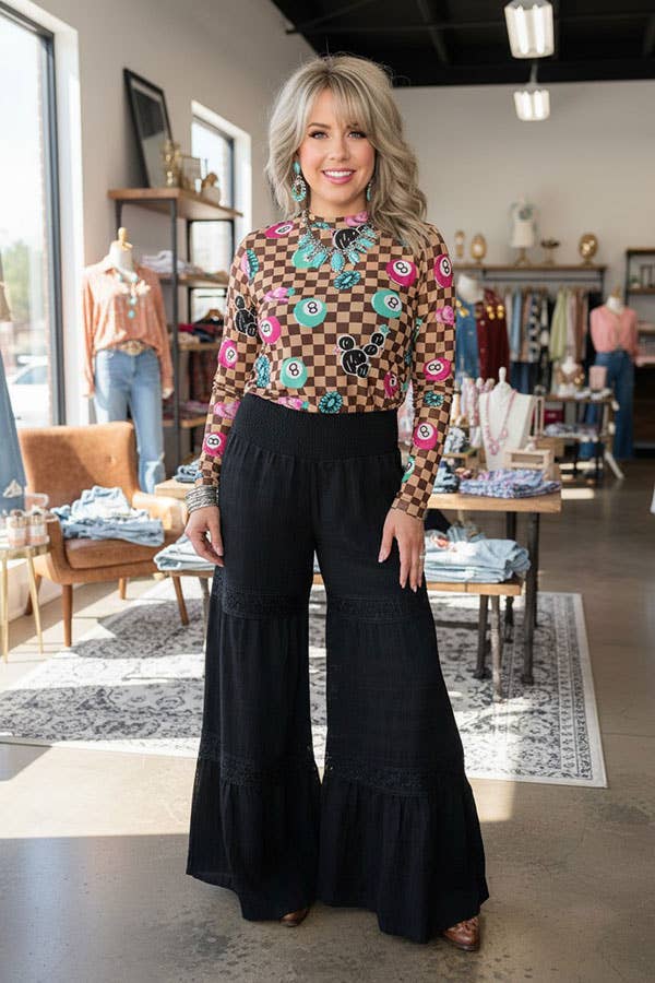 Western solid black wide leg women's boutique pant w/lace trim Southern Stitch XCH17319