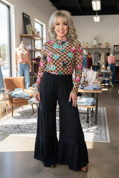 Western solid black wide leg women's boutique pant w/lace trim Southern Stitch XCH17319